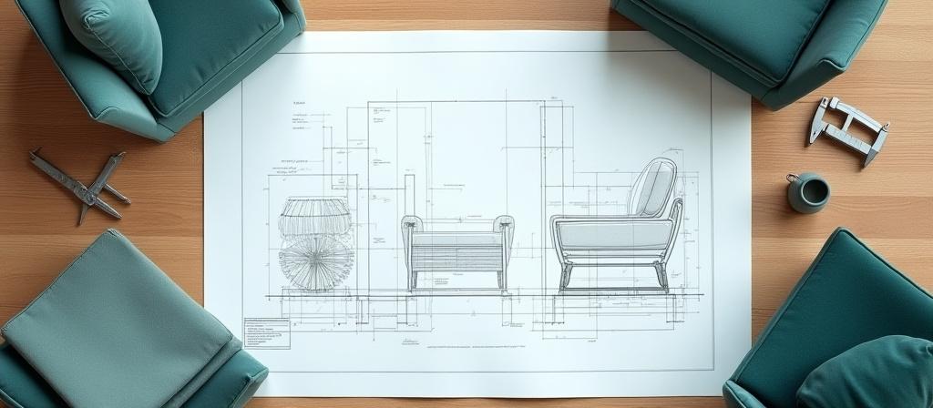 Close up of high-end hotel furniture blueprint and fabric swatches